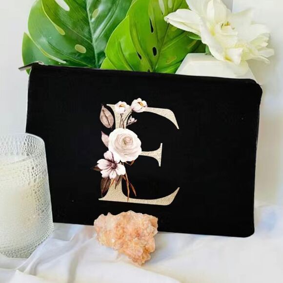 New Black Zipper Pouch with Floral Initial Detail - Multiple Available - Picture 7 of 15